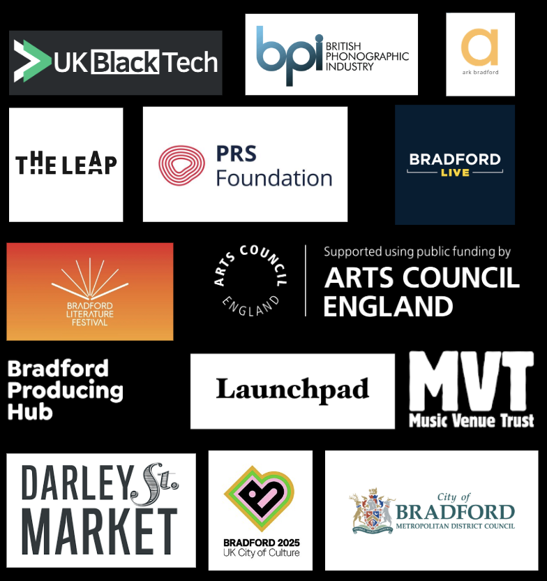 Logos of partner organisations including UK Music partners: UK Black Tech, BPI, Ark Bradford, The Leap, PRS Foundation, Bradford Live, Bradford Literature Festival, Arts Council England, Bradford Producing Hub, Launchpad, Music Venue Trust, Darley St Market, Bradford 2025 UK City of Culture and City of Bradford Metropolitan District Council