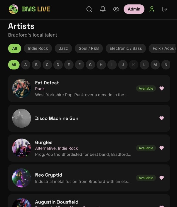BMS Live artist directory on mobile