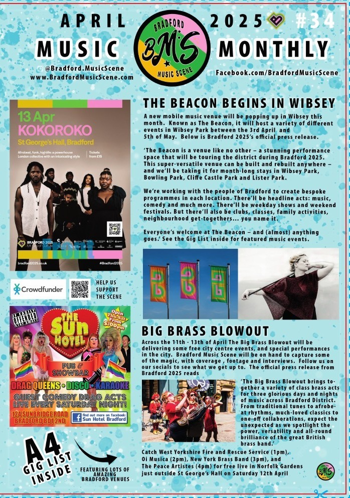 Inside spread of the printed monthly gig list