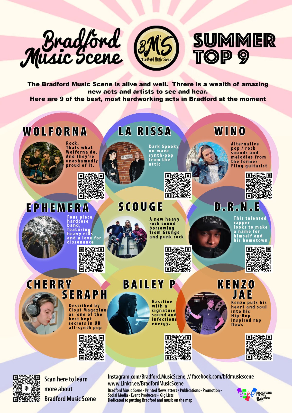 Bradford Music Scene Summer Top 9 printed sheet featuring nine local acts